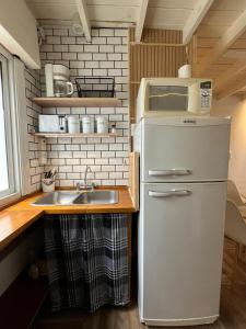 a kitchen with a white refrigerator and a sink at Raíces Pampas in Azul