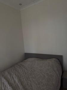 een bed in een slaapkamer met een witte muur bij Sunny Central Apartment on Central Square in Daugavpils