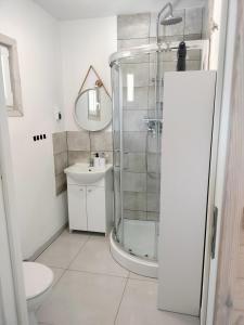 een badkamer met een douche en een wastafel bij Domek letniskowy Borne Sulinowo in Borne Sulinowo