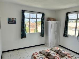 une pièce avec un réfrigérateur et deux fenêtres dans l'établissement Coconut House, à Albion 11 autres photos