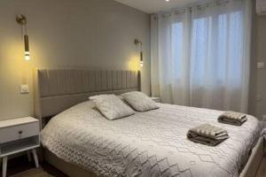 ein Schlafzimmer mit einem Bett, auf dem zwei Handtücher liegen in der Unterkunft L'Hakuna II - Suite et Spa in Fontaine-Notre-Dame