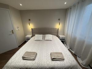 ein Schlafzimmer mit einem großen Bett, auf dem Handtücher liegen in der Unterkunft L'Hakuna II - Suite et Spa in Fontaine-Notre-Dame