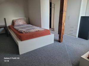 a bedroom with a bed with a dresser and a mirror at Ubytovna Kadaň in Kadaň