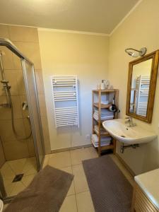a bathroom with a sink and a shower and a mirror at Apartment Steinernes Meer inklusive Saalfelden Leogang Card in Saalfelden am Steinernen Meer