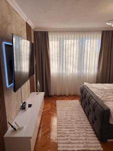 a hotel room with a bed and a desk with a television at Apartman Andrea in Brčko