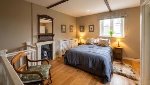 a bedroom with a bed and a fireplace and a mirror at The Dovecot in Salisbury