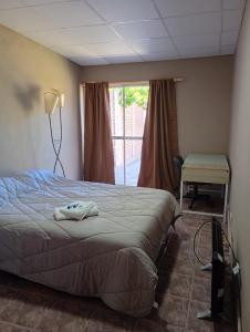 una camera da letto con un letto, un tavolo e una finestra di Alojamiento Gral Alvear a General Alvear