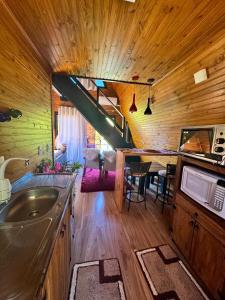 een keuken met een wastafel en een tafel in een huisje bij Chalé Aconchego Alfredo Wagner in Alfredo Wagner