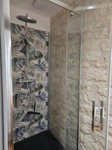 een douche in een badkamer met een stenen muur bij Studio 2 personnes proche du Futuroscope in Beaumont +9 foto's