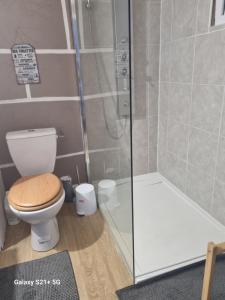een badkamer met toilet en glazen douche bij Chez Marilou in Arcens