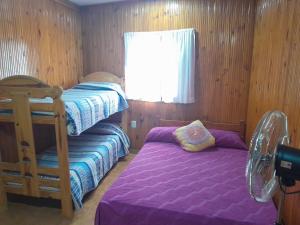 een slaapkamer met twee stapelbedden en een raam bij Arevalo Mar de Ajo in Mar de Ajó