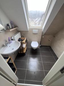 ein Bad mit einem Waschbecken und einem WC mit einem Fenster in der Unterkunft Team at Home Gemütliches Dachgeschossapartment in Blaubeuren + 21 Fotos