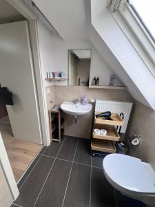 ein Badezimmer mit Waschbecken und Spiegel in der Unterkunft Team at Home Gemütliches Dachgeschossapartment in Blaubeuren