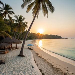 einen Strand mit Palmen und dem Meer bei Sonnenuntergang in der Unterkunft 3 bhk home stay baga in Arpora