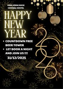 a poster for a new year with fireworks at Rock Backpackers Central Hostel in Vang Vieng