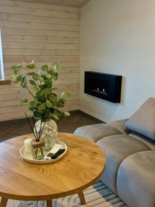 a living room with a couch and a table at Insula Poilsio Namai in Telšiai