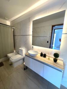 een badkamer met een wastafel, een toilet en een spiegel bij Balcón Andino in Maipú +23 foto's