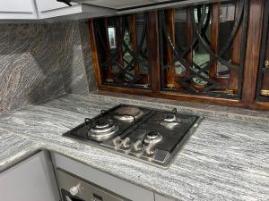 a stove top oven sitting on top of a counter at Kaarasaaram inn in Avarankal