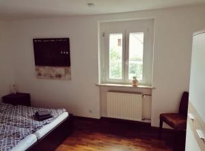 een slaapkamer met een bed en een raam bij Ferienwohnung Südschwarzwald in Wehr +14 foto's