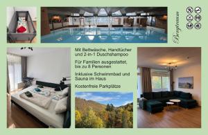 een collage van foto's van een huis met zwembad bij Bergtraum Schwimmbad, Sauna, Familienbett, Kinderbett, 2 Bäder in Bad Harzburg