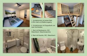 een collage van foto's van een slaapkamer en een stapelbedkamer bij Bergtraum Schwimmbad, Sauna, Familienbett, Kinderbett, 2 Bäder in Bad Harzburg