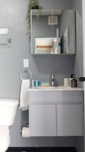 une salle de bains avec un lavabo blanc et des toilettes dans l'établissement Beachside 1BR Apartment Sleeps 4, à Vega Baja