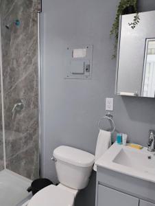 une salle de bain avec des toilettes blanches et un lavabo dans l'établissement Cozy 1BR Beachside Apartment Entre Olas, à Vega Baja 53 autres photos