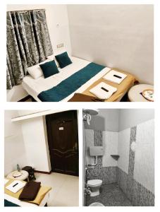 twee foto's van een kamer met een bed en een badkamer bij Le Casa Stay in Pondicherry