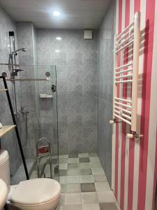 ein Badezimmer mit Toilette und Glasdusche in der Unterkunft Paradiso Hotel in Telawi