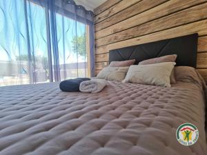 a bedroom with a large bed with a large window at La villa manon in Florensac +15 photos