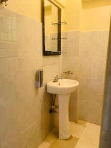 een badkamer met een wastafel en een spiegel bij Le Comfort in Eldoret