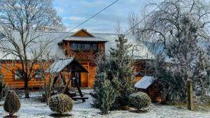 une cabane en rondins avec de la neige au sol dans l'établissement «У полоні гір», à Verkhovyna