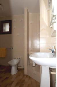 ein Badezimmer mit einem weißen Waschbecken und einer Toilette in der Unterkunft Les lupins in Bolquere