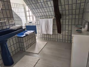 a bathroom with a blue sink and white tiles at Le Jardin des Oiseaux in Saint-Michel-sur-Loire +9 photos