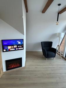 een woonkamer met een stoel en een open haard bij Tara mountain house Kopaonik in Kopaonik