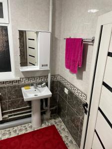 een badkamer met een wastafel en een spiegel bij Nur Hotel in Karakol