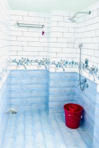 une salle de bain bleue avec un seau rouge dans une baignoire dans l'établissement Cloudy Inn Resort, à Bāndarban