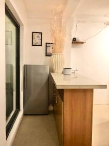 a kitchen with a counter and a refrigerator at EB Home Apartment in Mactan Island