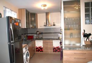 eine Küche mit einem Kühlschrank und einigen roten Äpfeln in der Unterkunft Bergerie du pic saint-loup in Saint-André-de-Buèges