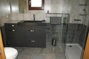 ein Badezimmer mit Dusche, Waschbecken und Toilette in der Unterkunft Bergerie du pic saint-loup in Saint-André-de-Buèges + 11 Fotos