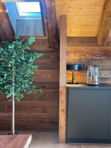 a room with a counter with a tree in it at Chalet de ZORE in Morzine