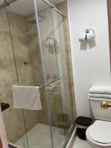 een badkamer met een glazen douche met toilet bij Mahalo Hostel in Salento