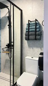 a bathroom with a shower and a toilet and towels at Molfar in Yasinya