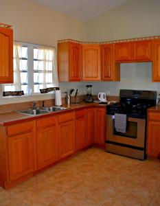 a kitchen with wooden cabinets and a stove and a sink at J's Place in East End Village