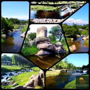 een groep van vier foto's van een rivier en een gebouw bij Cabaña El Chaparral Villa Dolores, Traslasierra 4 in Villa Dolores