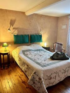 een slaapkamer met een groot bed en een stoel bij La genivriere in Bugarach +24 foto's
