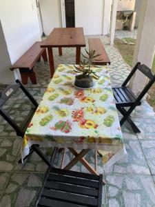 a table with a potted plant on top of it at Casa para Reveillon - cururupe in Ilhéus