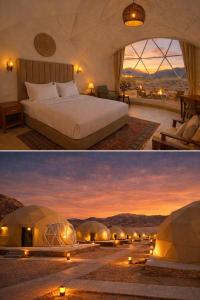 a bedroom with a bed and a room with tents at Desert Elegance Luxury Bedouin Camp Panoramic View in Disah