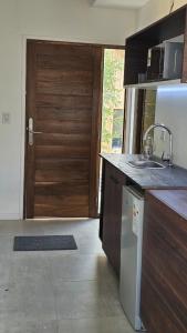 a kitchen with a sink and a wooden door at Las Loicas Chalten Apart in El Chalten