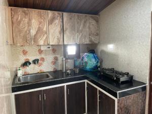 a small kitchen with a sink and a stove at Cloudscape Cottage in Shimla